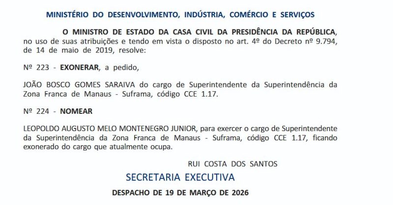 Leopoldo Montenegro assume comando da Suframa após saída de Bosco Saraiva